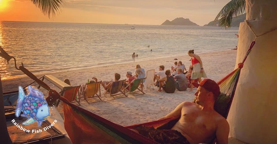 Sunstet view from Rainbow Fish Divers to the beach and to Koh Nang Yuan.